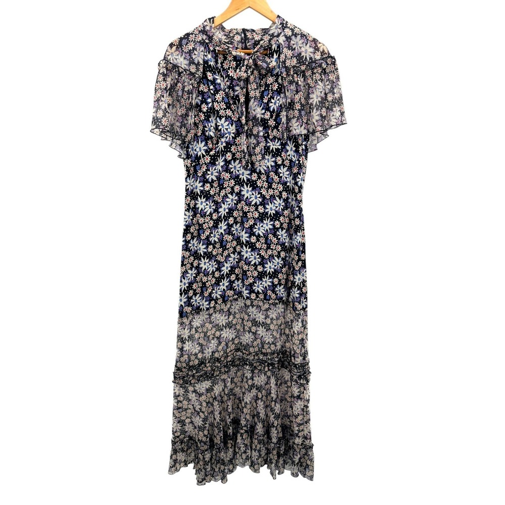 Anna Sui Vintage Mixed Print Silk Maxi Dress 6 Tie Neck Ruffle Floral Whimsigoth
